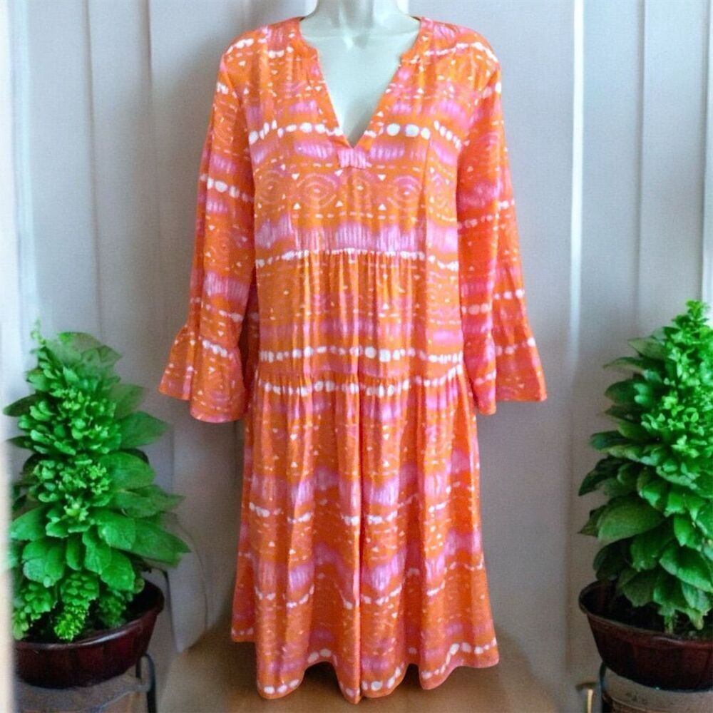Susan Graver Mandarin Batik Bright Orange Pink HoPopover Tiered Pockets Dress